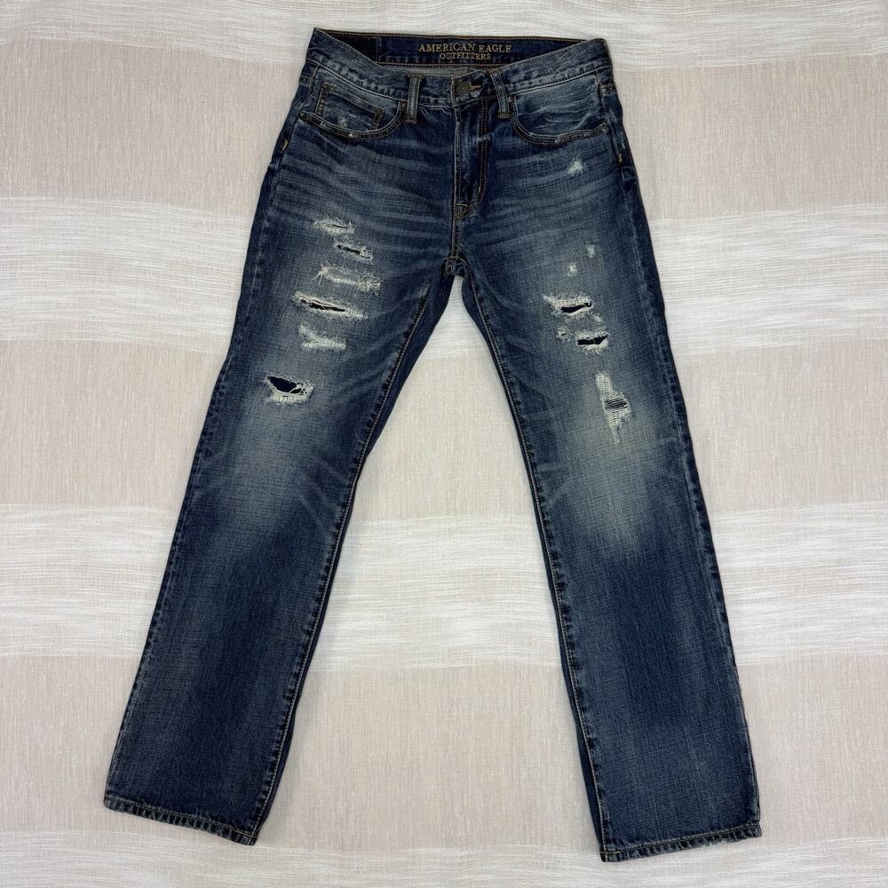 American Eagle Men's Original Straight Sz 31x32 Jeans Distressed‎ Destroyed Fade